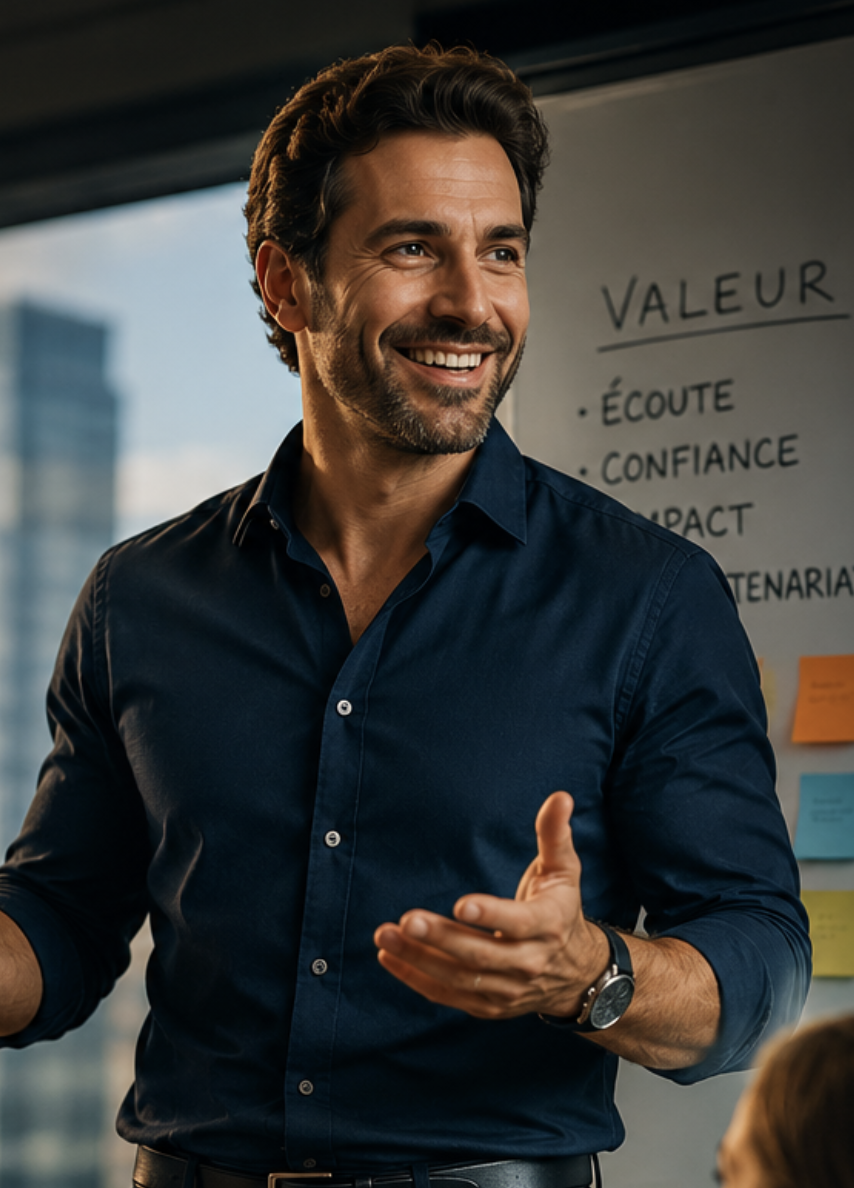 Account Executive en présentation de valeur devant un client