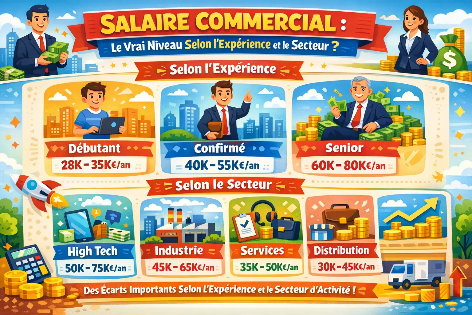 Salaire commercial : fourchettes selon l'expérience et le secteur